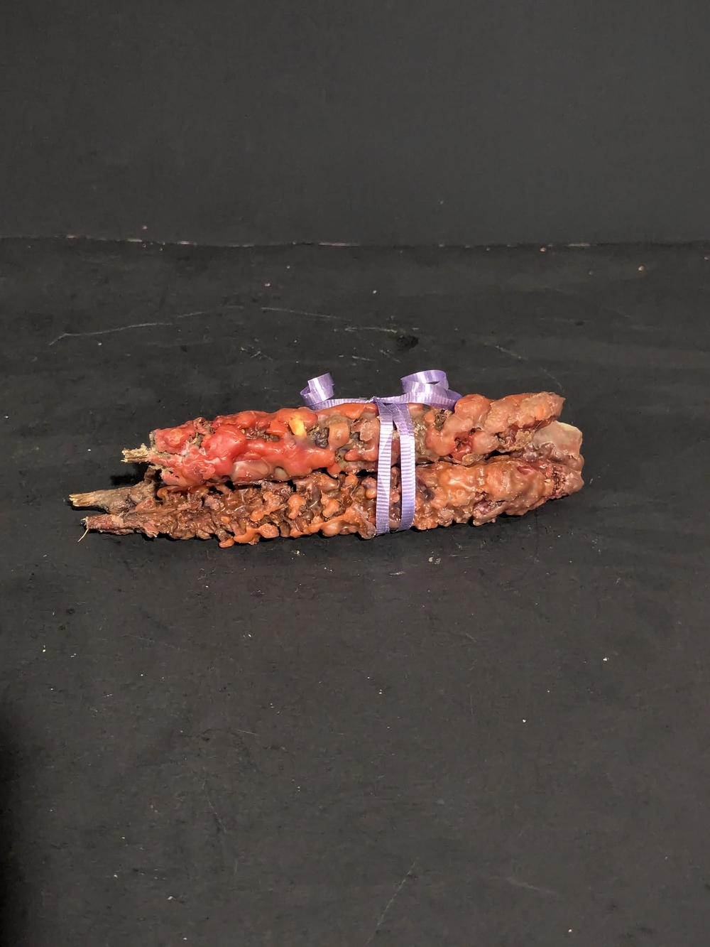 Handmade Rustic Orange Decorative Candle Bundle with Purple Ribbon